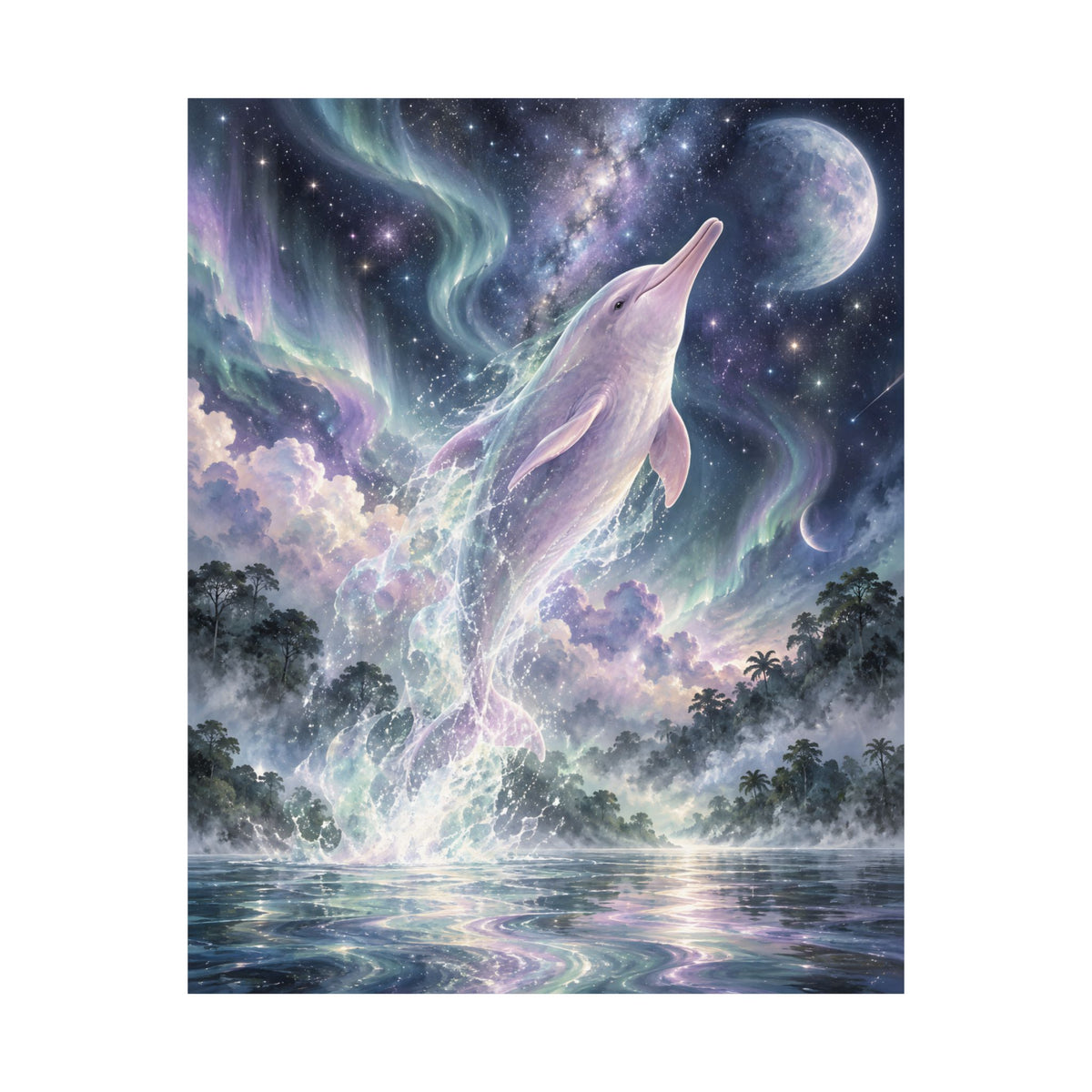 Celestial Dolphin’s Aurora Leap – Mystical Watercolor Wall Art