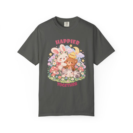 Cute pastel woodland friends T-shirt design with kawaii bunny, bear, kitten and chick surrounded by flowers, mushrooms, moon and stars