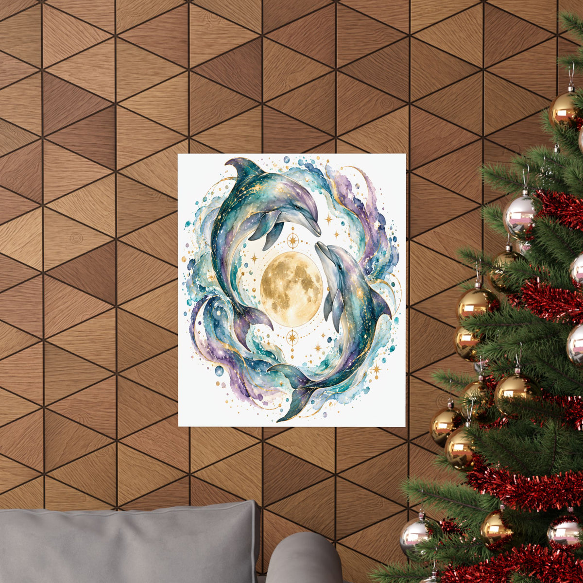 Twin Dolphin Moon Watercolor Art Print
