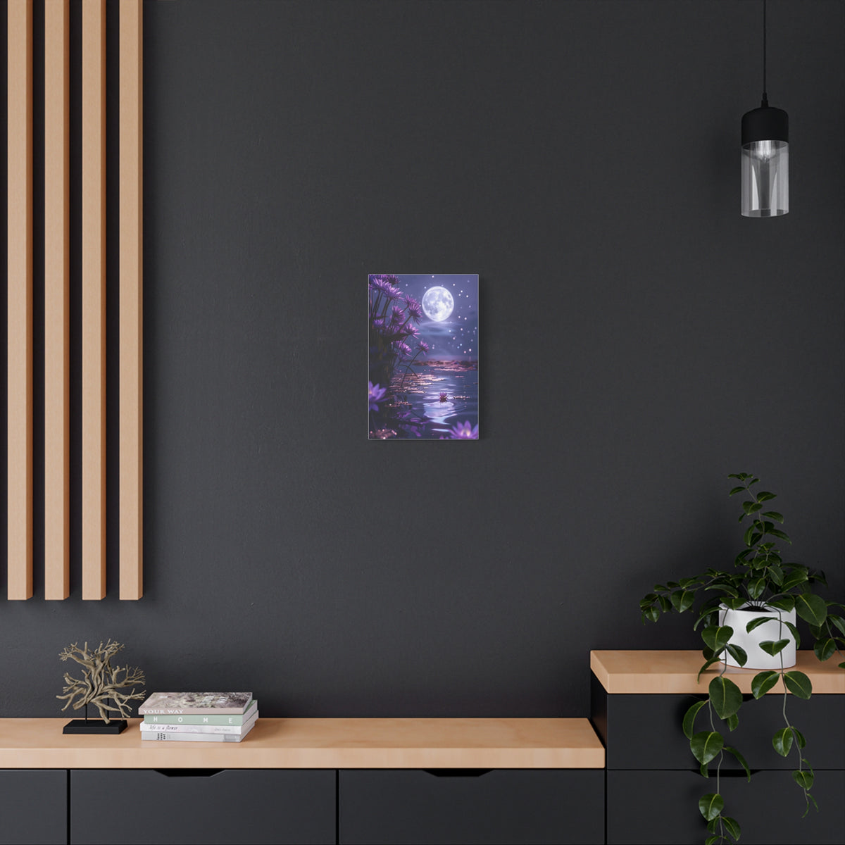 Moonlit Lotus Reverie – Purple Water Lily Moonlight Wall Art