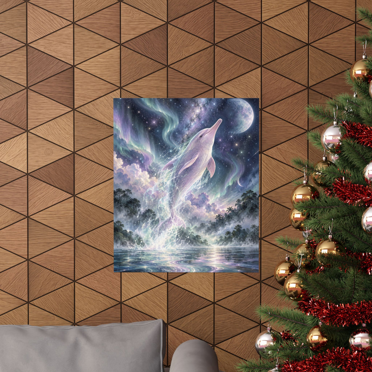 Celestial Dolphin’s Aurora Leap – Mystical Watercolor Wall Art