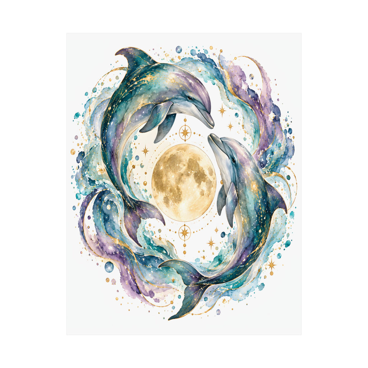 Twin Dolphin Moon Watercolor Art Print