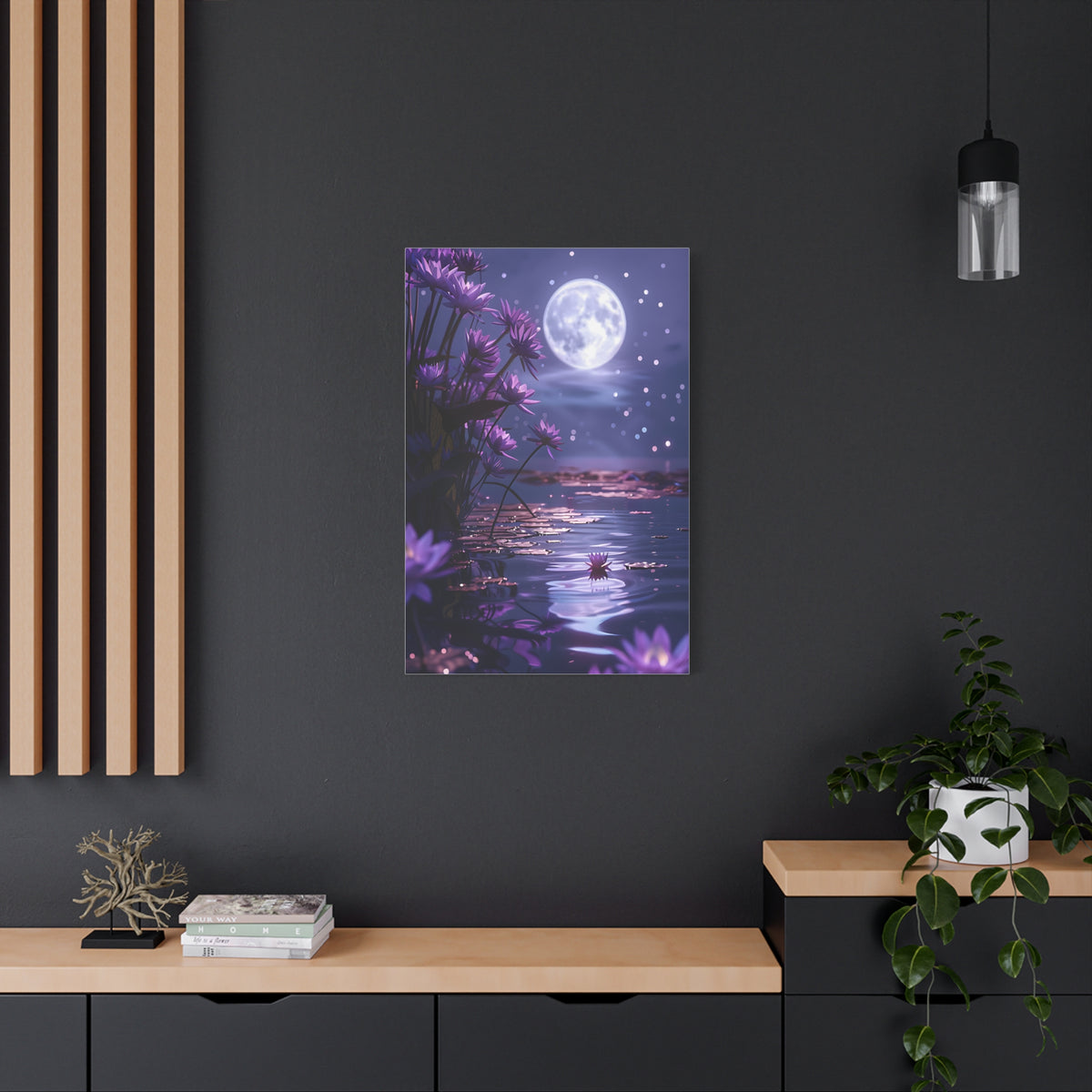 Moonlit Lotus Reverie – Purple Water Lily Moonlight Wall Art