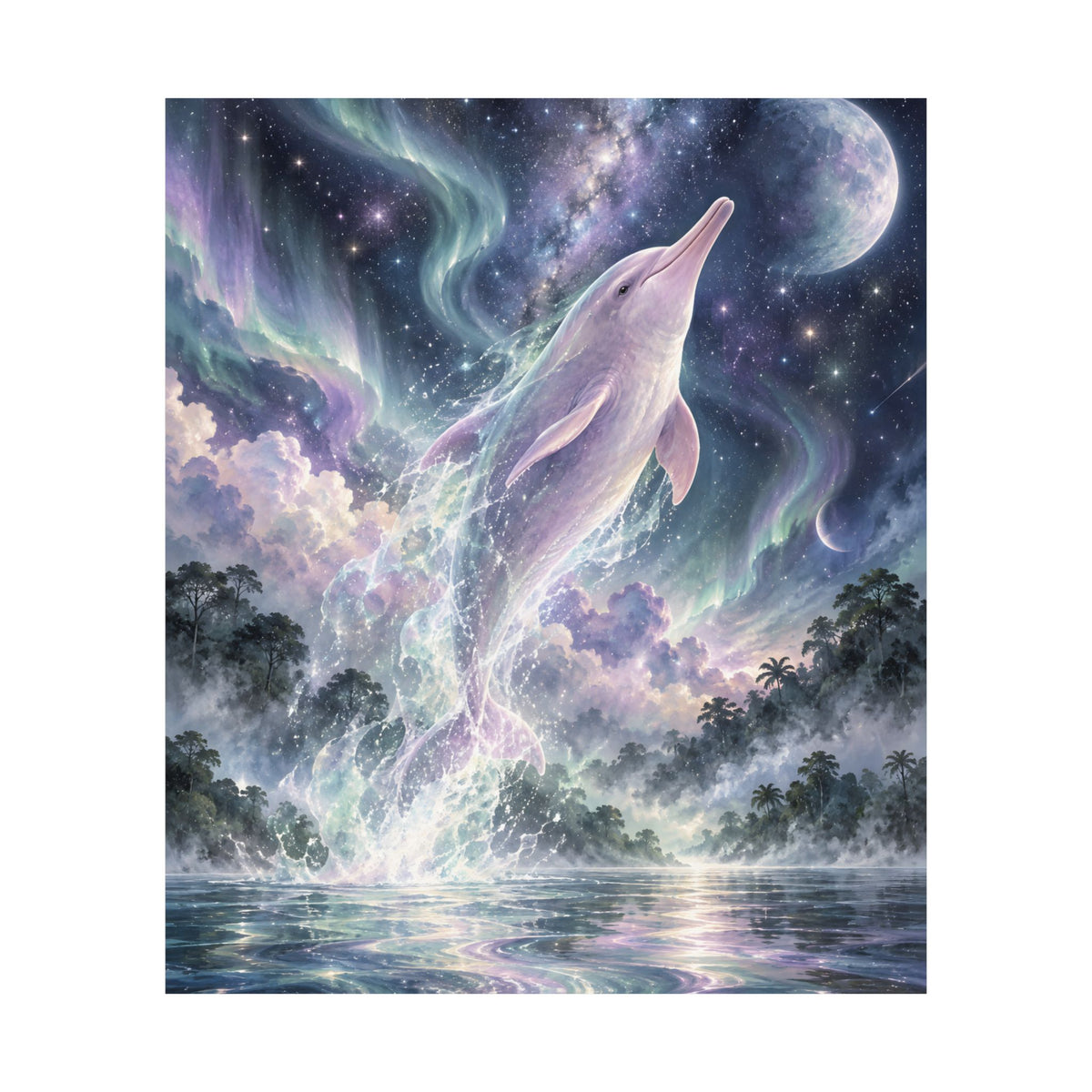 Celestial Dolphin’s Aurora Leap – Mystical Watercolor Wall Art