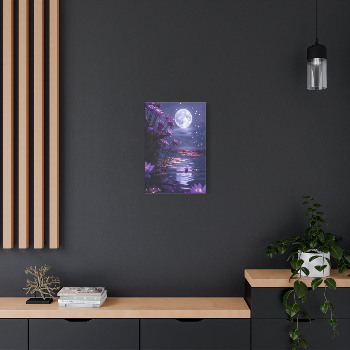 Moonlit Lotus Reverie – Purple Water Lily Moonlight Wall Art