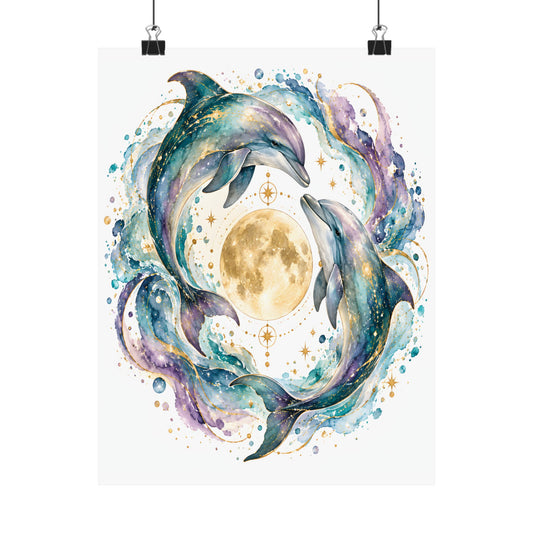 Twin Dolphin Moon Watercolor Art Print