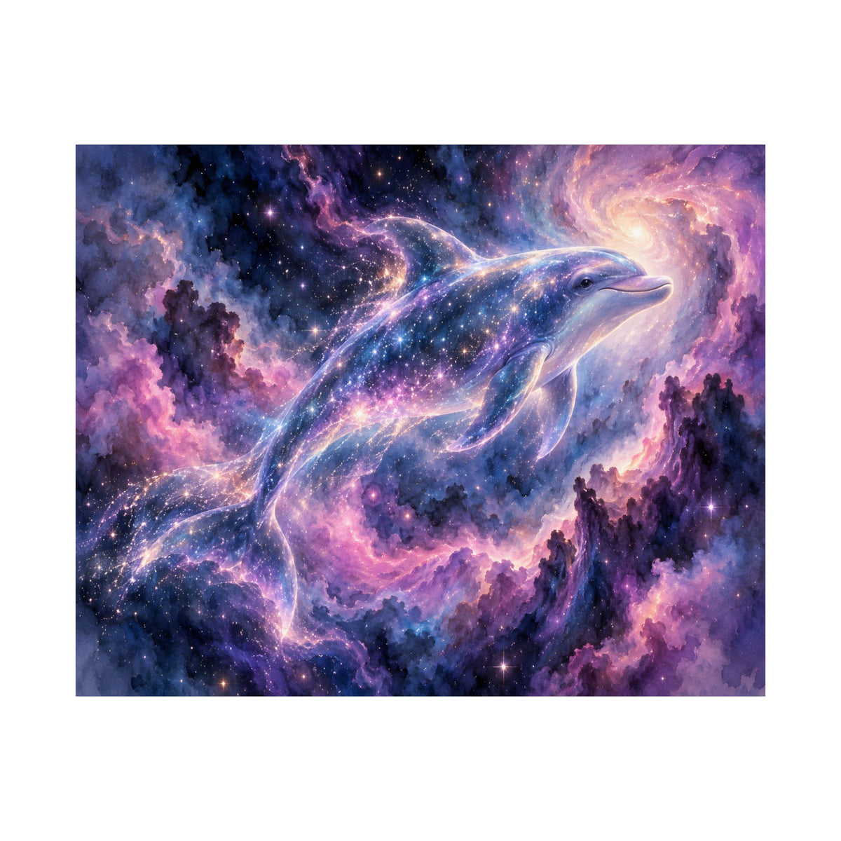 Celestial Dolphin Nebula – Purple Galaxy Watercolor Art Print