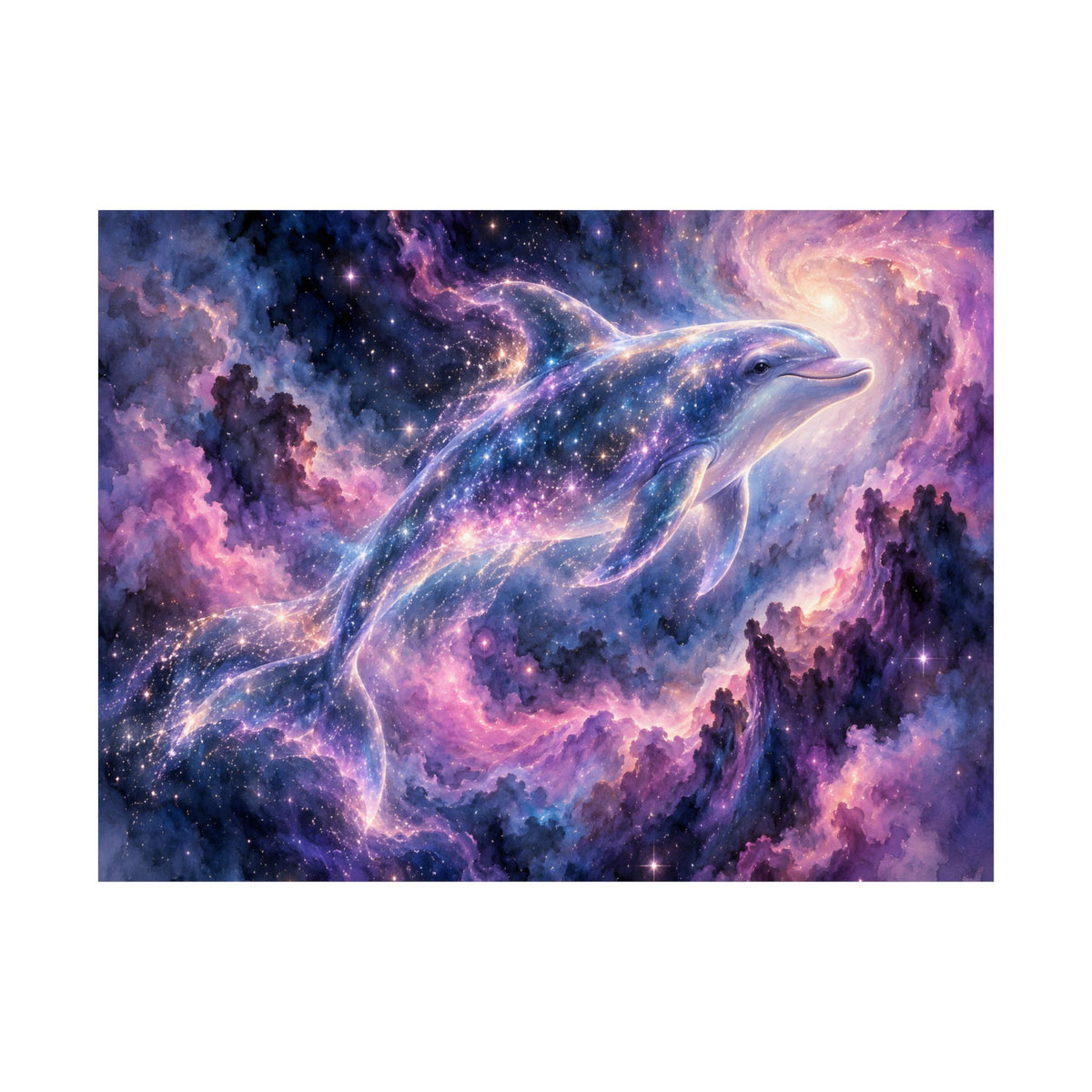 Celestial Dolphin Nebula – Purple Galaxy Watercolor Art Print