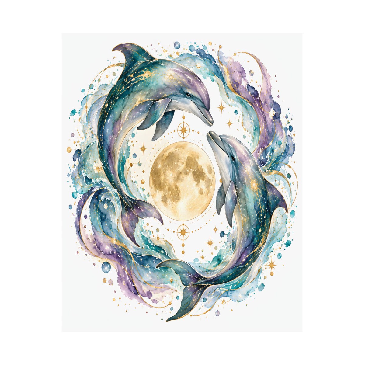 Twin Dolphin Moon Watercolor Art Print