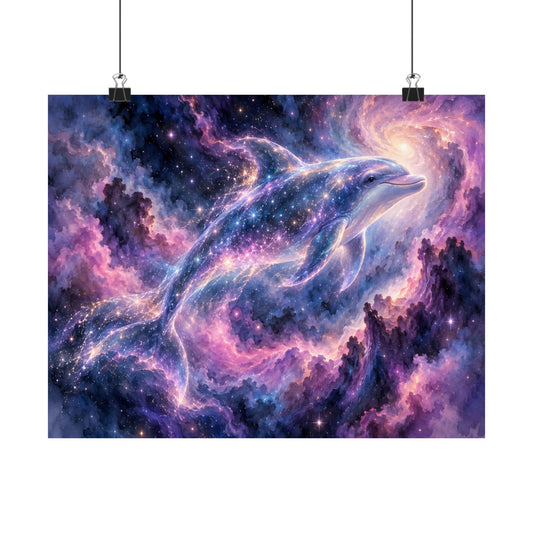 Celestial Dolphin Nebula – Purple Galaxy Watercolor Art Print