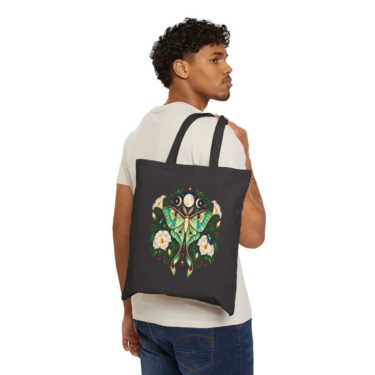 Luna Moth Floral Canvas Tote — Eco-Friendly Reusable Bag