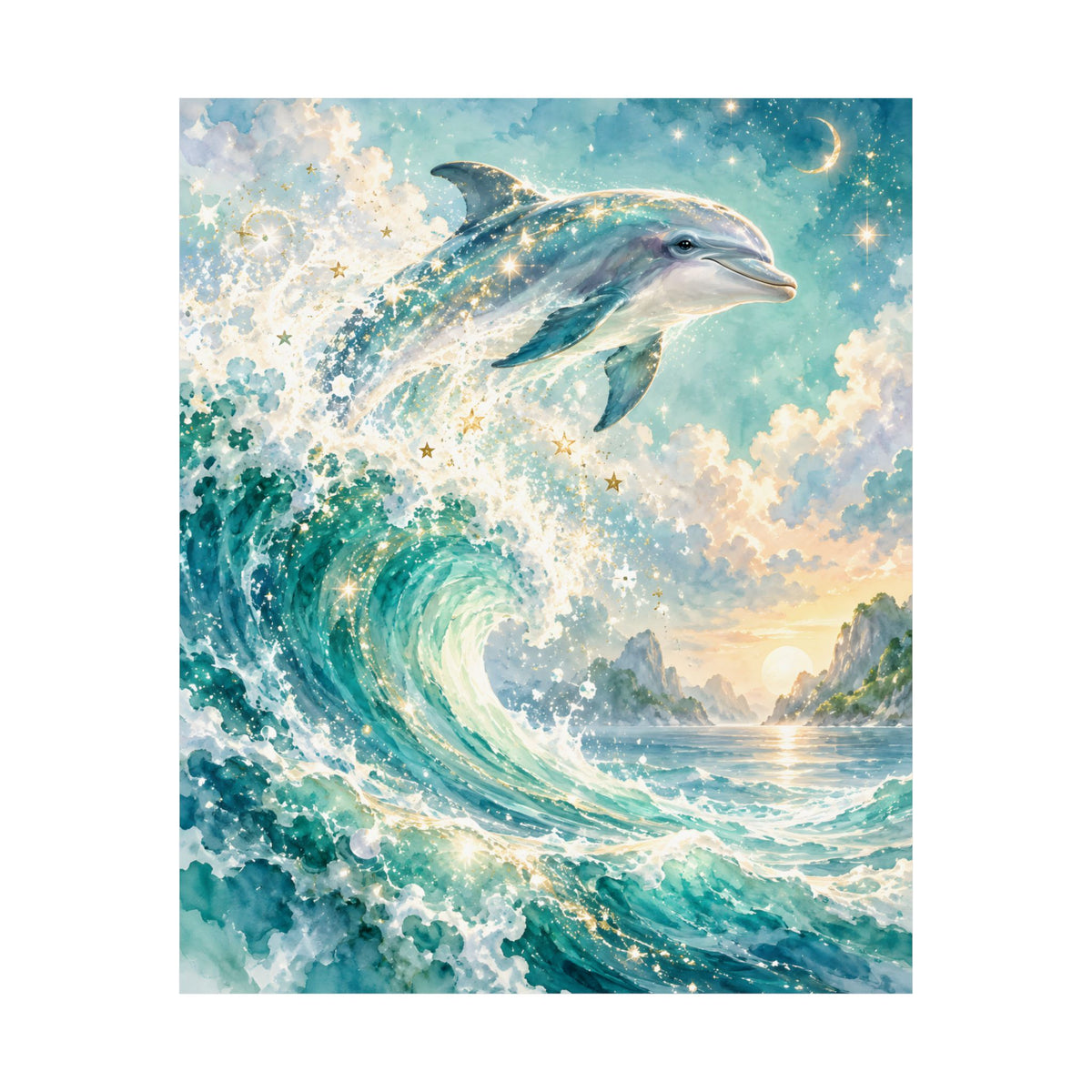 Celestial Dolphin Galaxy Watercolor Art – Indigo Magenta Nebula