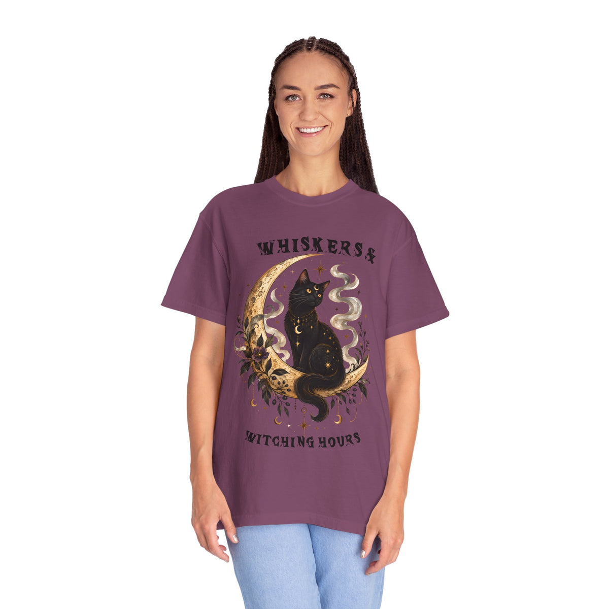 Mystical Black Cat Crescent Moon T-Shirt | Celestial Witchy Cat Tee