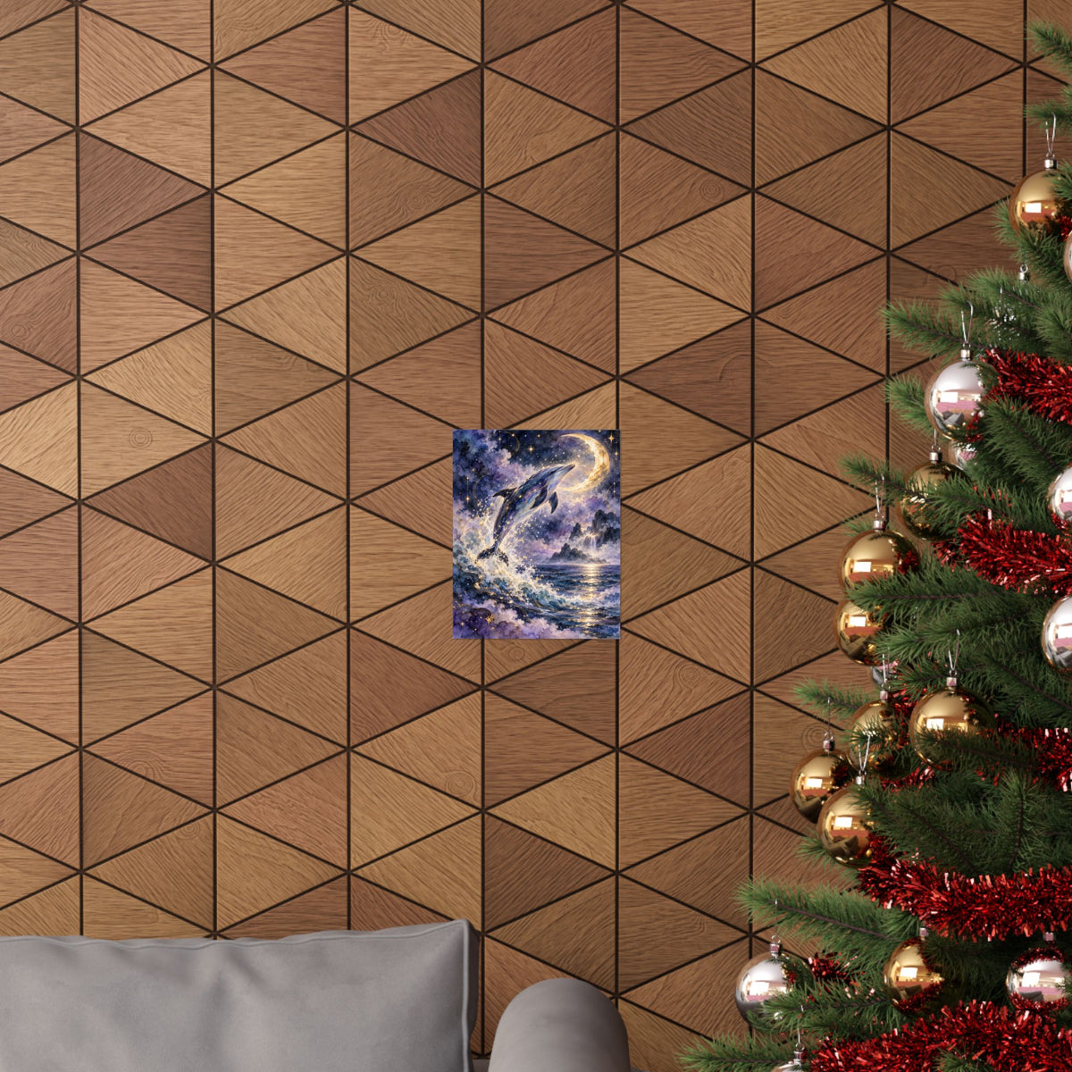 Celestial Dolphin’s Moonlit Leap – Mystical Watercolor Wall Art