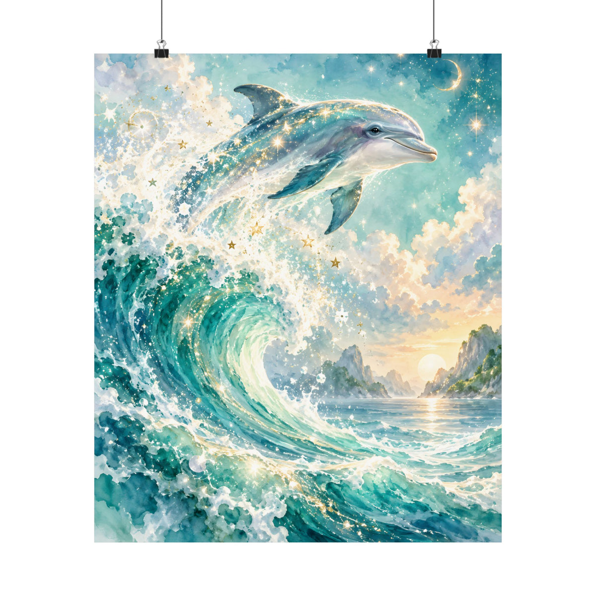 Celestial Dolphin Galaxy Watercolor Art – Indigo Magenta Nebula