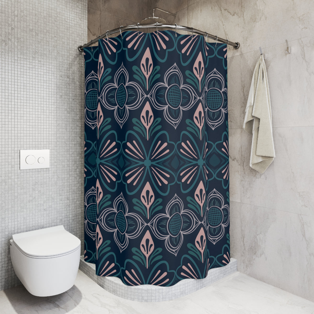 Nordic Folk Floral Navy & Blush Geometric Pattern for Fabric & Wallpaper
