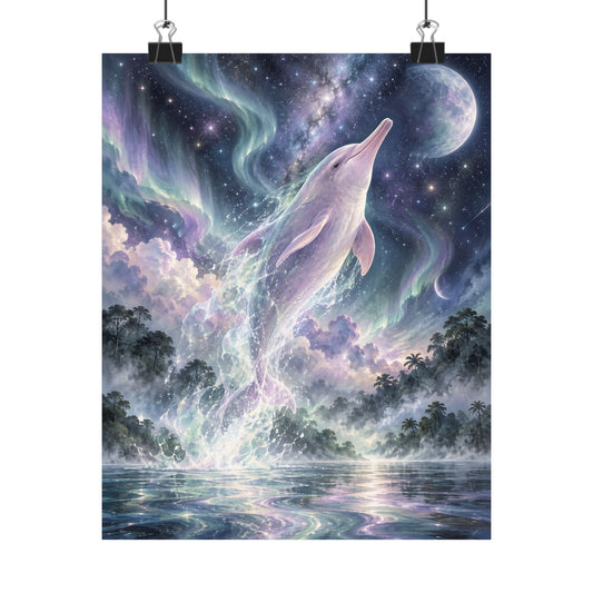 Celestial Dolphin’s Aurora Leap – Mystical Watercolor Wall Art