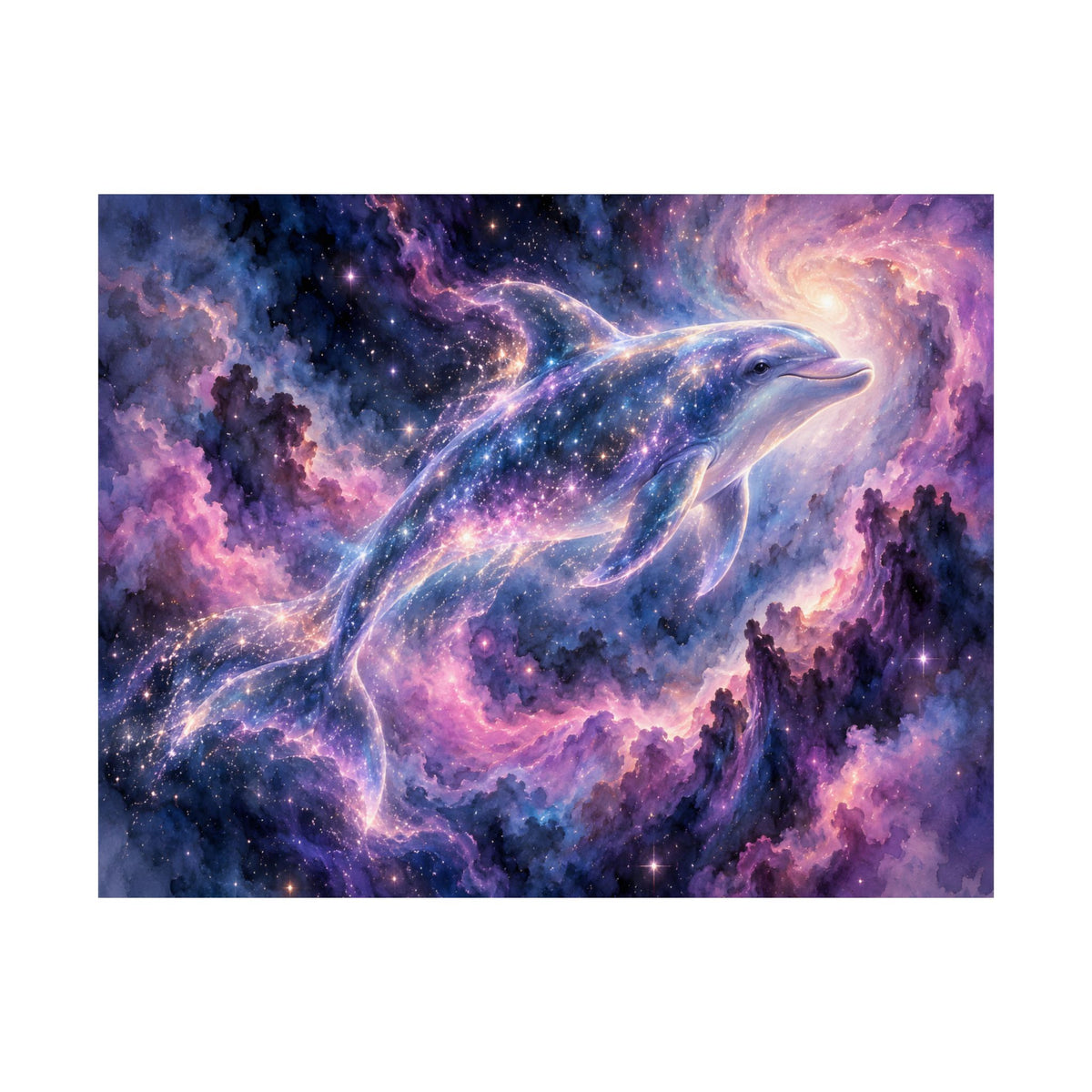 Celestial Dolphin Nebula – Purple Galaxy Watercolor Art Print