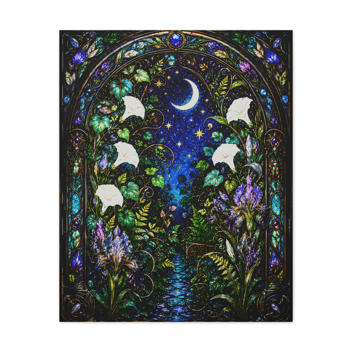 Moonlit Garden Passage | Stained Glass Botanical Wall Art