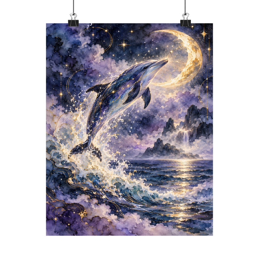 Celestial Dolphin’s Moonlit Leap – Mystical Watercolor Wall Art