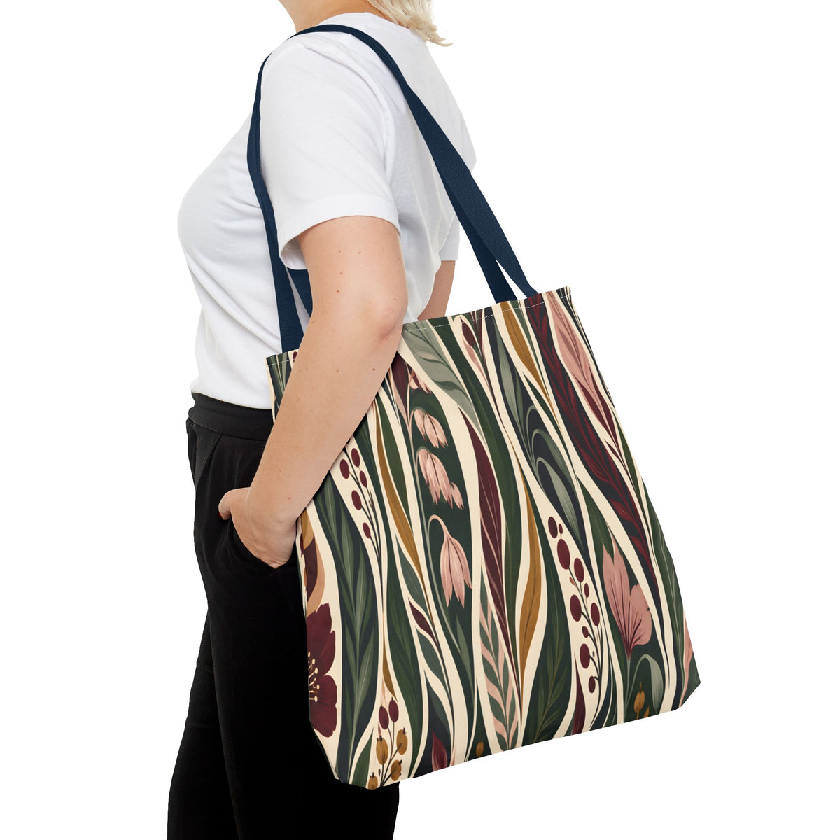 Botanical Wave Tote Bag — Earthy Floral Pattern All-Over Print
