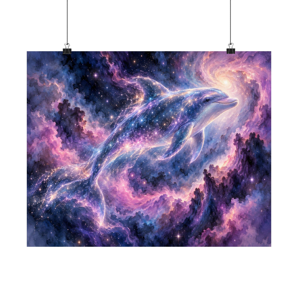 Celestial Dolphin Nebula – Purple Galaxy Watercolor Art Print