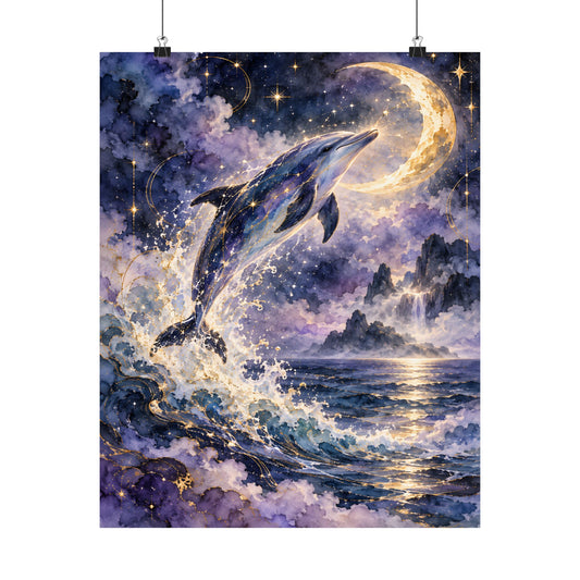 Celestial Dolphin’s Moonlit Leap – Mystical Watercolor Wall Art