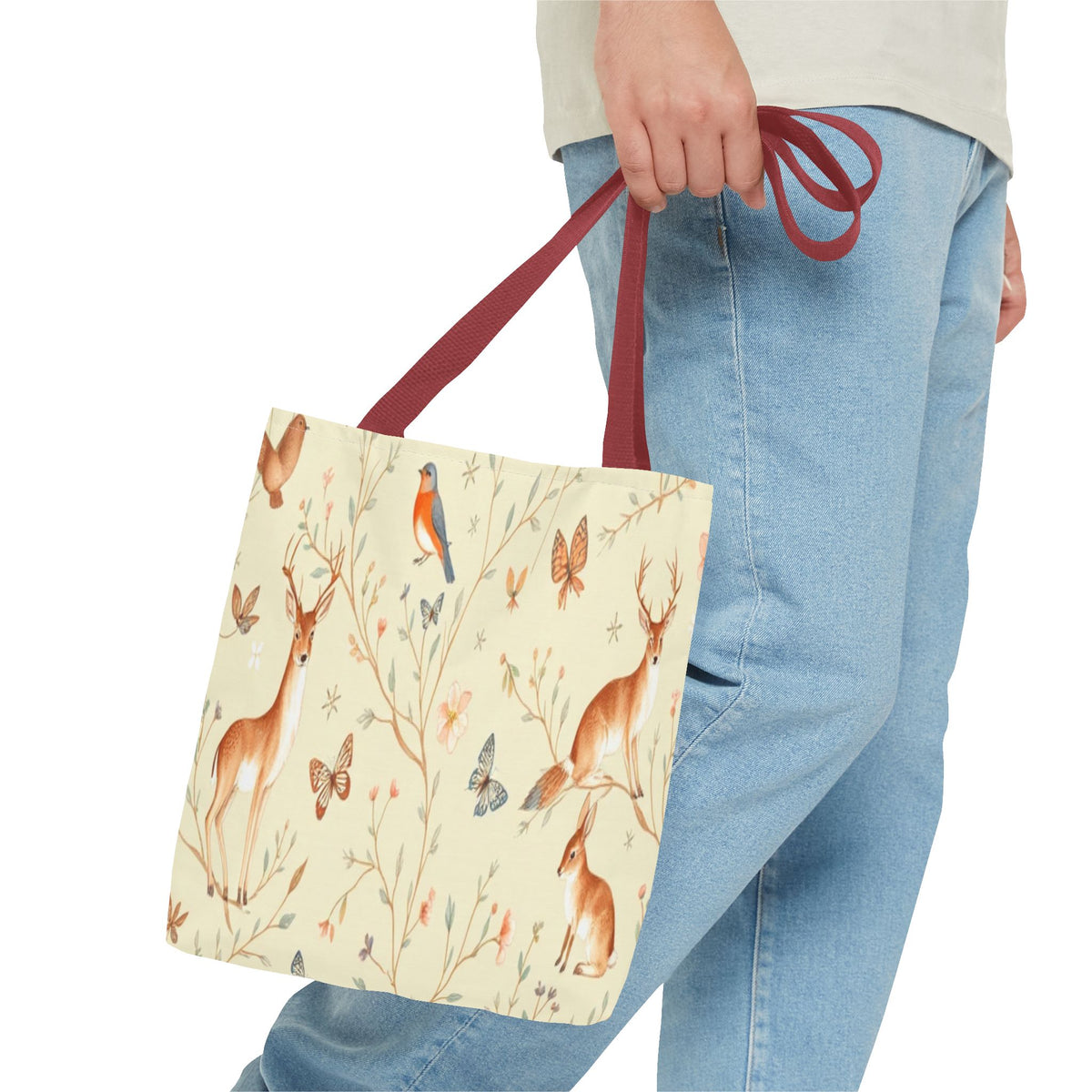 Floral Woodland Tote Bag - Deer & Birds Pattern