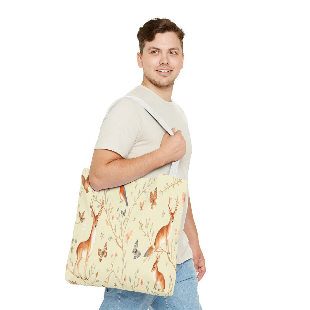Floral Woodland Tote Bag - Deer & Birds Pattern
