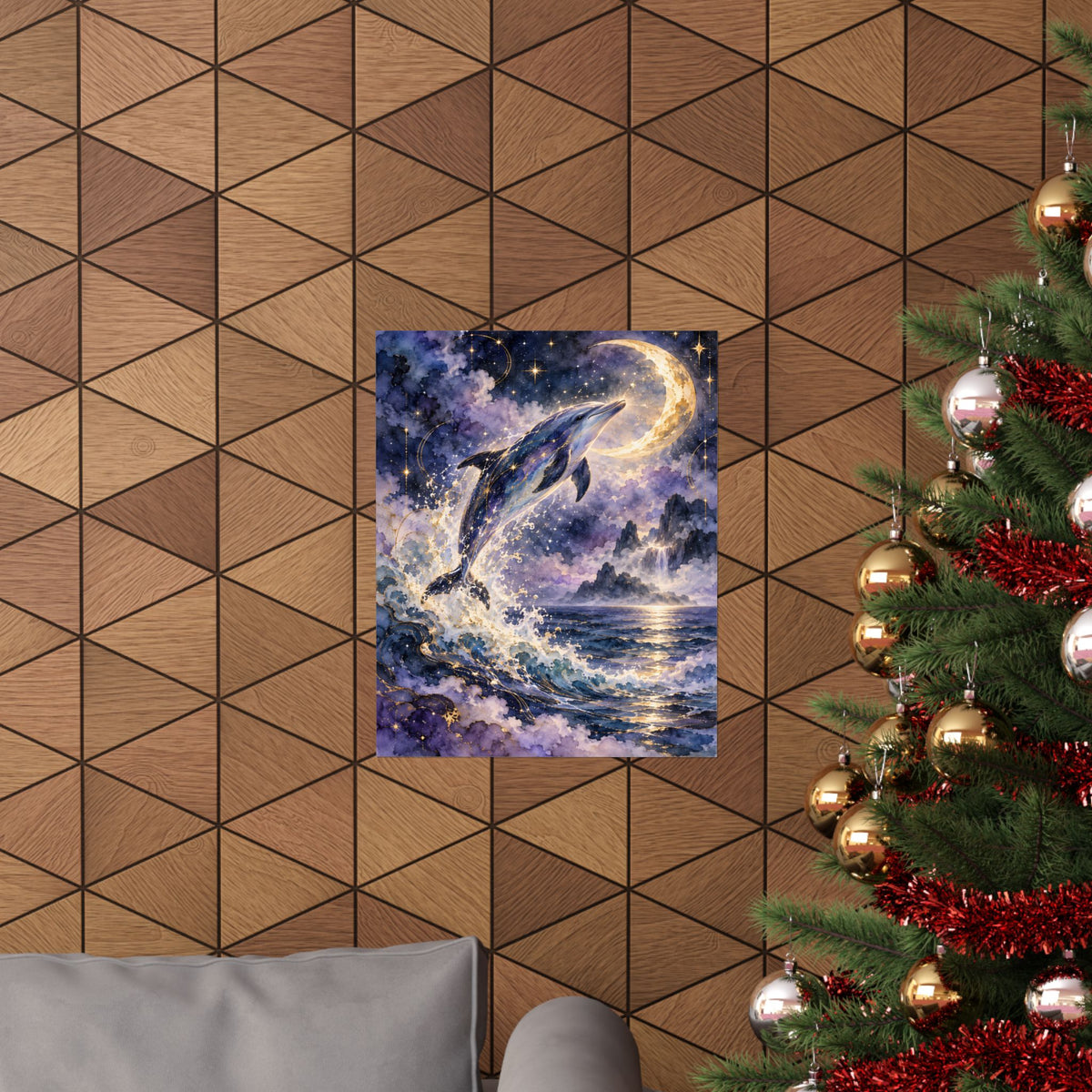 Celestial Dolphin’s Moonlit Leap – Mystical Watercolor Wall Art