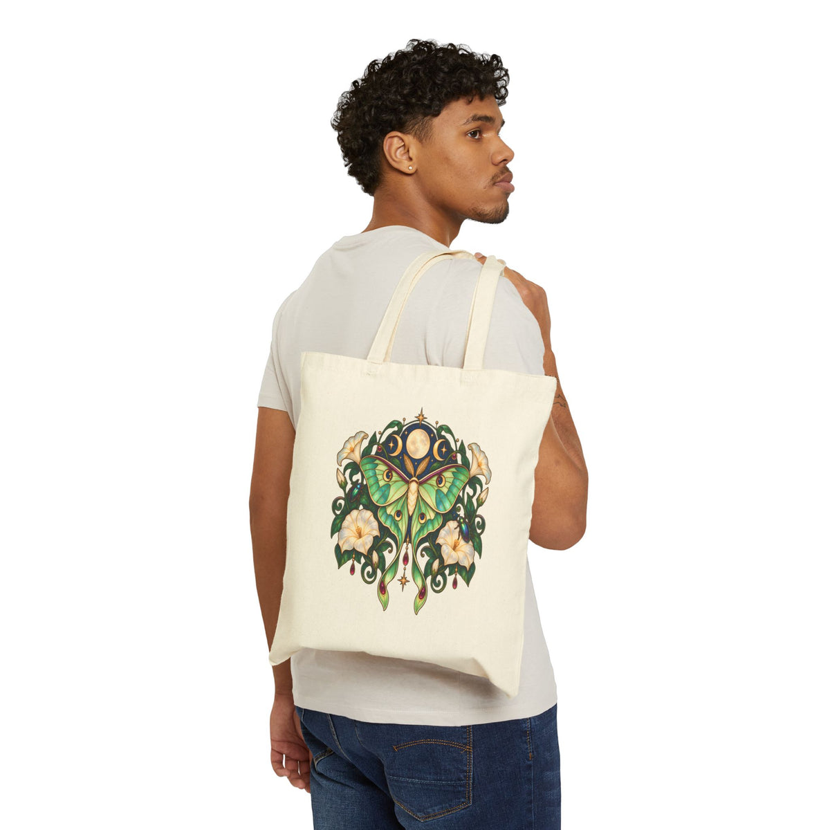 Luna Moth Floral Canvas Tote — Eco-Friendly Reusable Bag