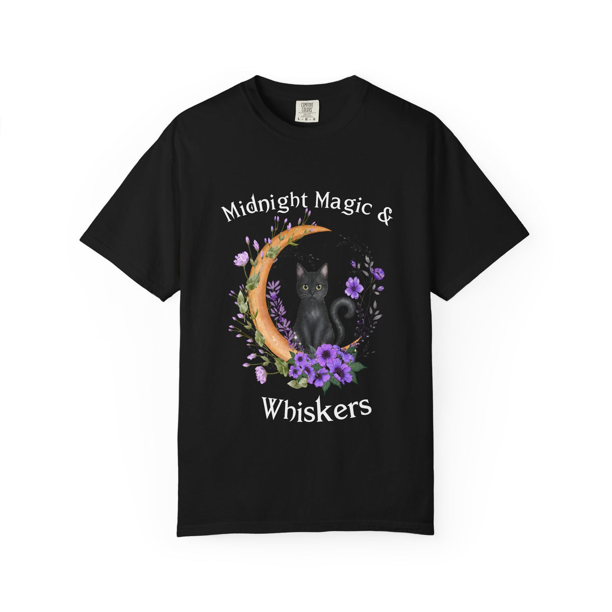 Mystical Black Cat & Crescent Moon Floral T-Shirt | Witchy Cat Tee