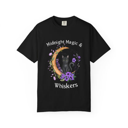 Mystical Black Cat & Crescent Moon Floral T-Shirt | Witchy Cat Tee