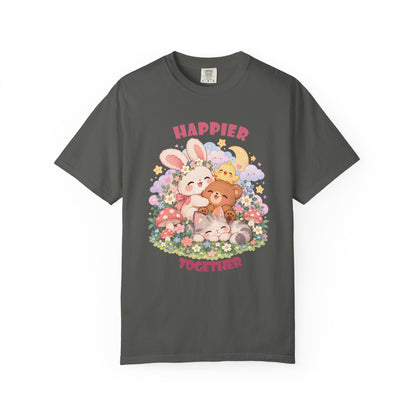Cute pastel woodland friends T-shirt design with kawaii bunny, bear, kitten and chick surrounded by flowers, mushrooms, moon and stars

