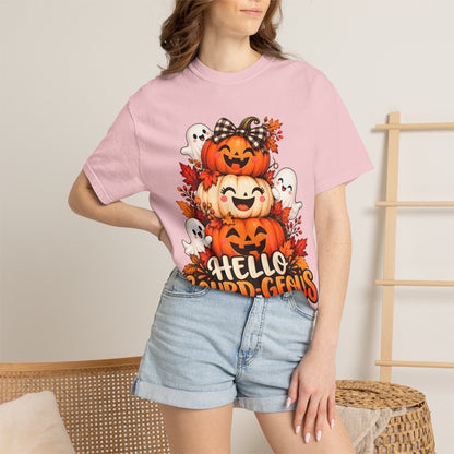 Hello Gourd-Geous Halloween T-Shirt | Cute Pumpkin & Ghost Graphic Tee