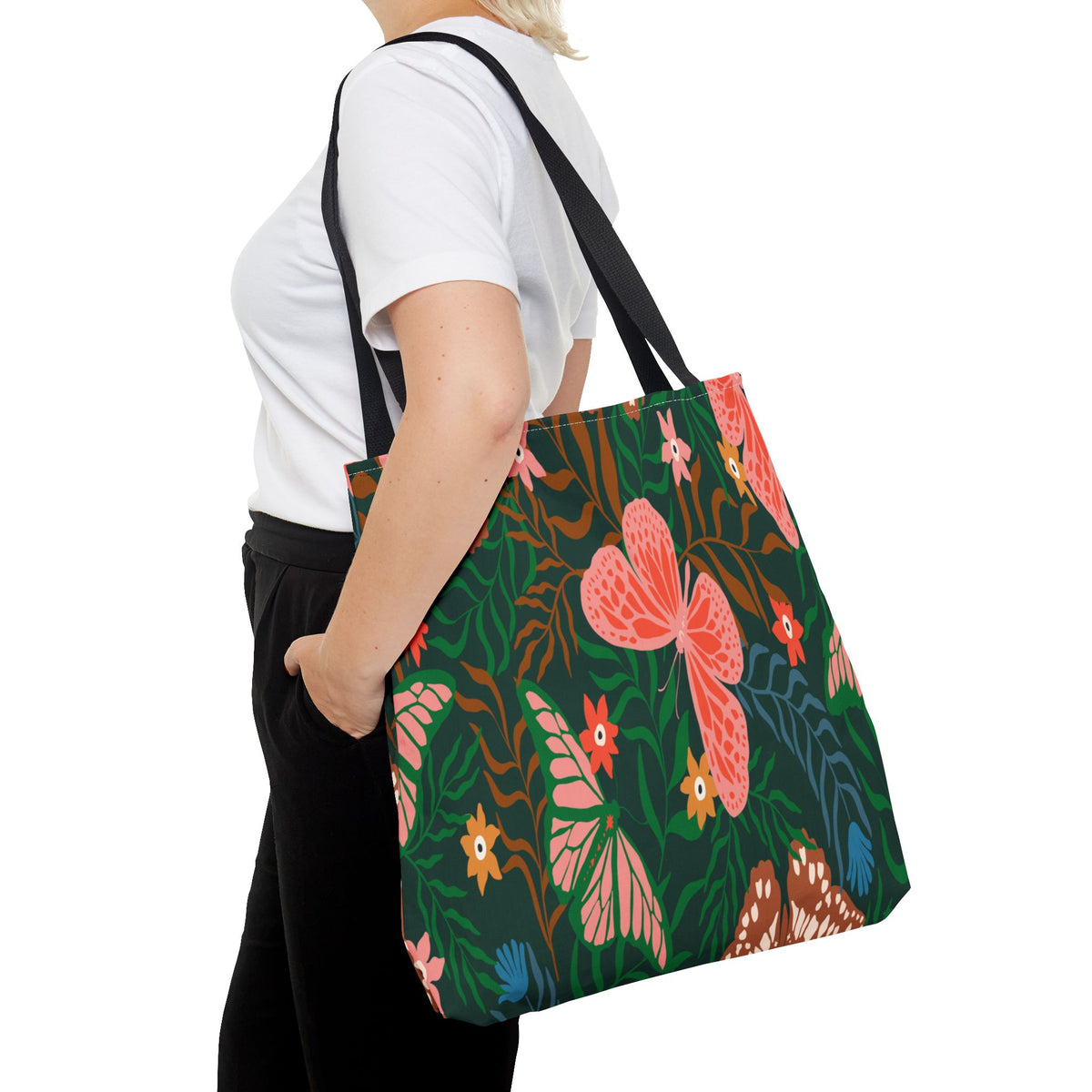 Floral Butterfly Tote Bag — Pink Butterflies on Green Botanical Print