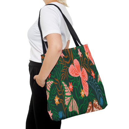 Floral Butterfly Tote Bag — Pink Butterflies on Green Botanical Print
