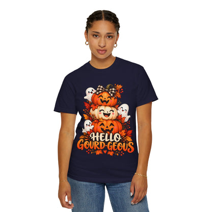 Hello Gourd-Geous Halloween T-Shirt | Cute Pumpkin & Ghost Graphic Tee
