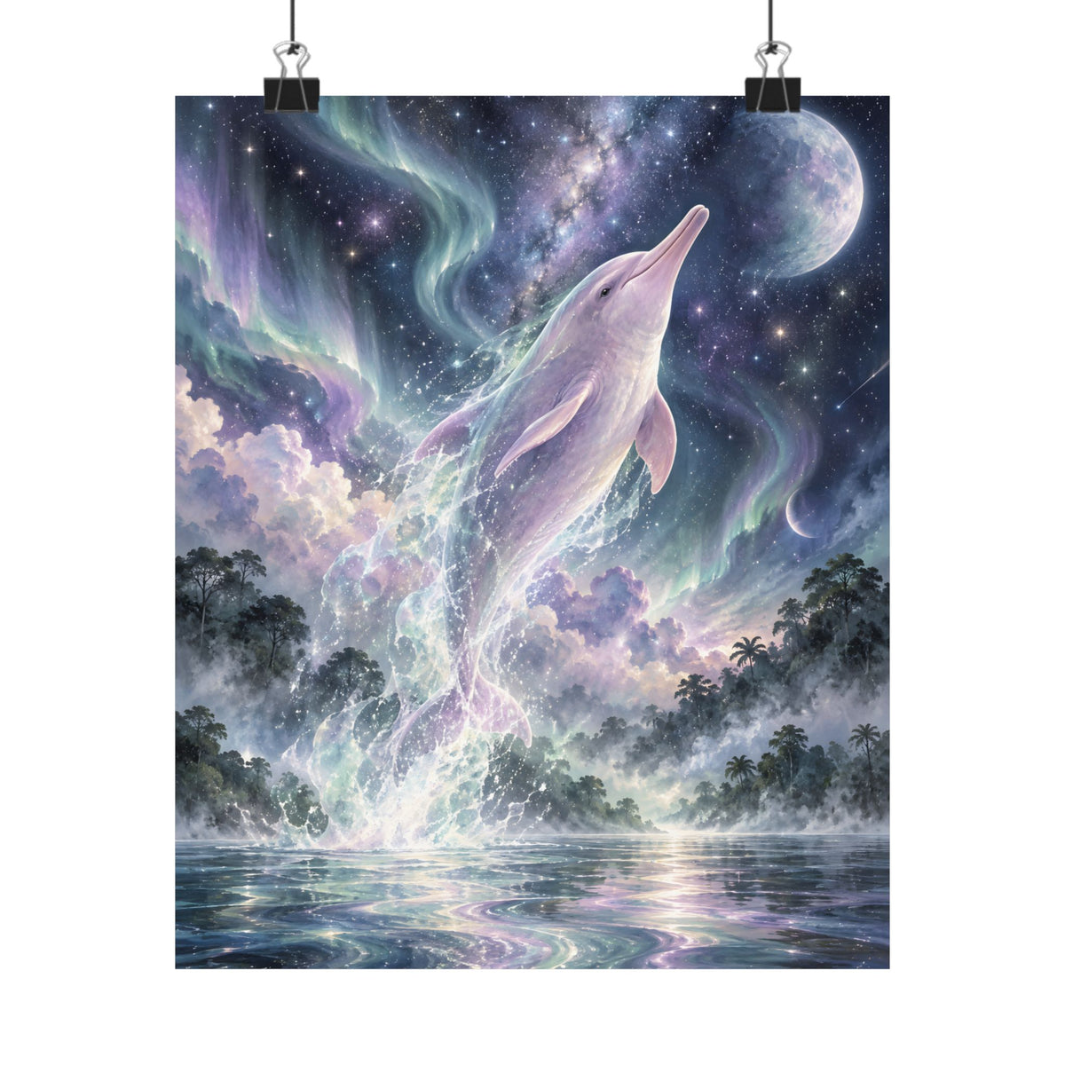 Celestial Dolphin’s Aurora Leap – Mystical Watercolor Wall Art