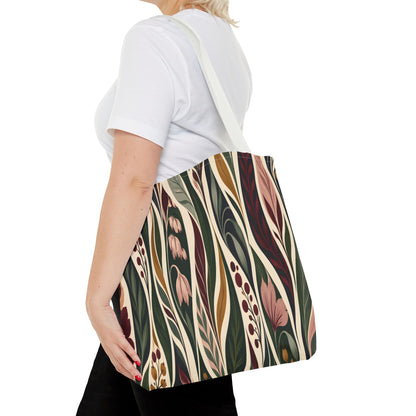 Botanical Wave Tote Bag — Earthy Floral Pattern All-Over Print