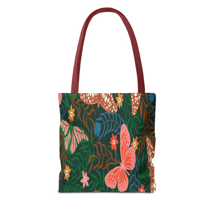 Floral Butterfly Tote Bag — Pink Butterflies on Green Botanical Print