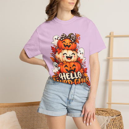 Hello Gourd-Geous Halloween T-Shirt | Cute Pumpkin & Ghost Graphic Tee