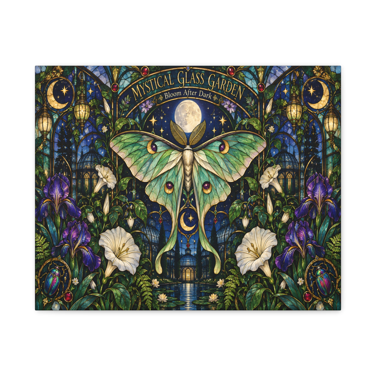 Mystical Glass Garden Luna Moth Canvas Print — 'Bloom After Dark' Stretched Art