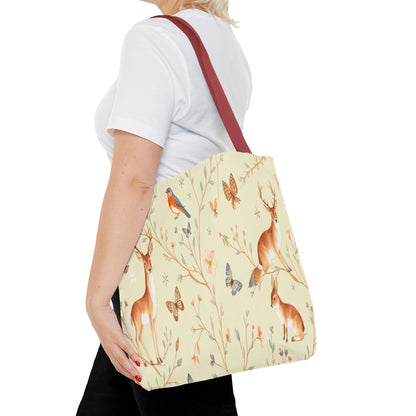 Floral Woodland Tote Bag - Deer & Birds Pattern