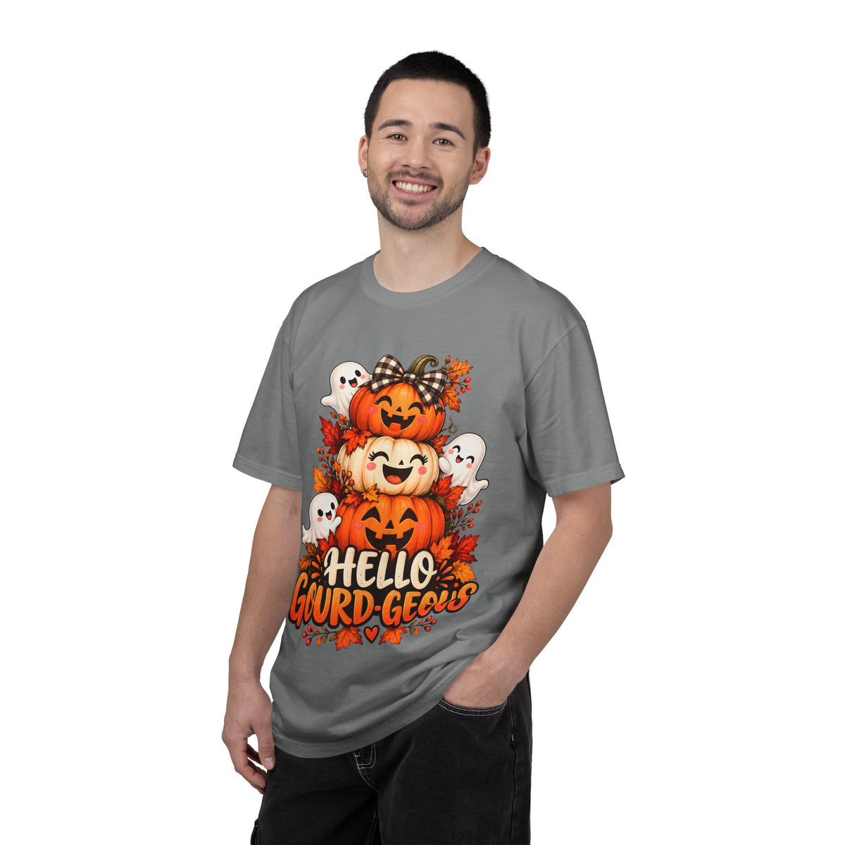 Hello Gourd-Geous Halloween T-Shirt | Cute Pumpkin & Ghost Graphic Tee