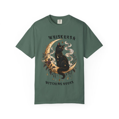 Mystical Black Cat Crescent Moon T-Shirt | Celestial Witchy Cat Tee