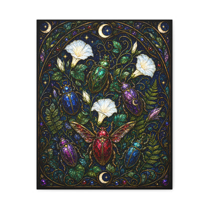 Jewel-toned beetles in an Art Nouveau stained-glass moonflower garden with ferns, crescent moons, stars, and dark botanical foliage.