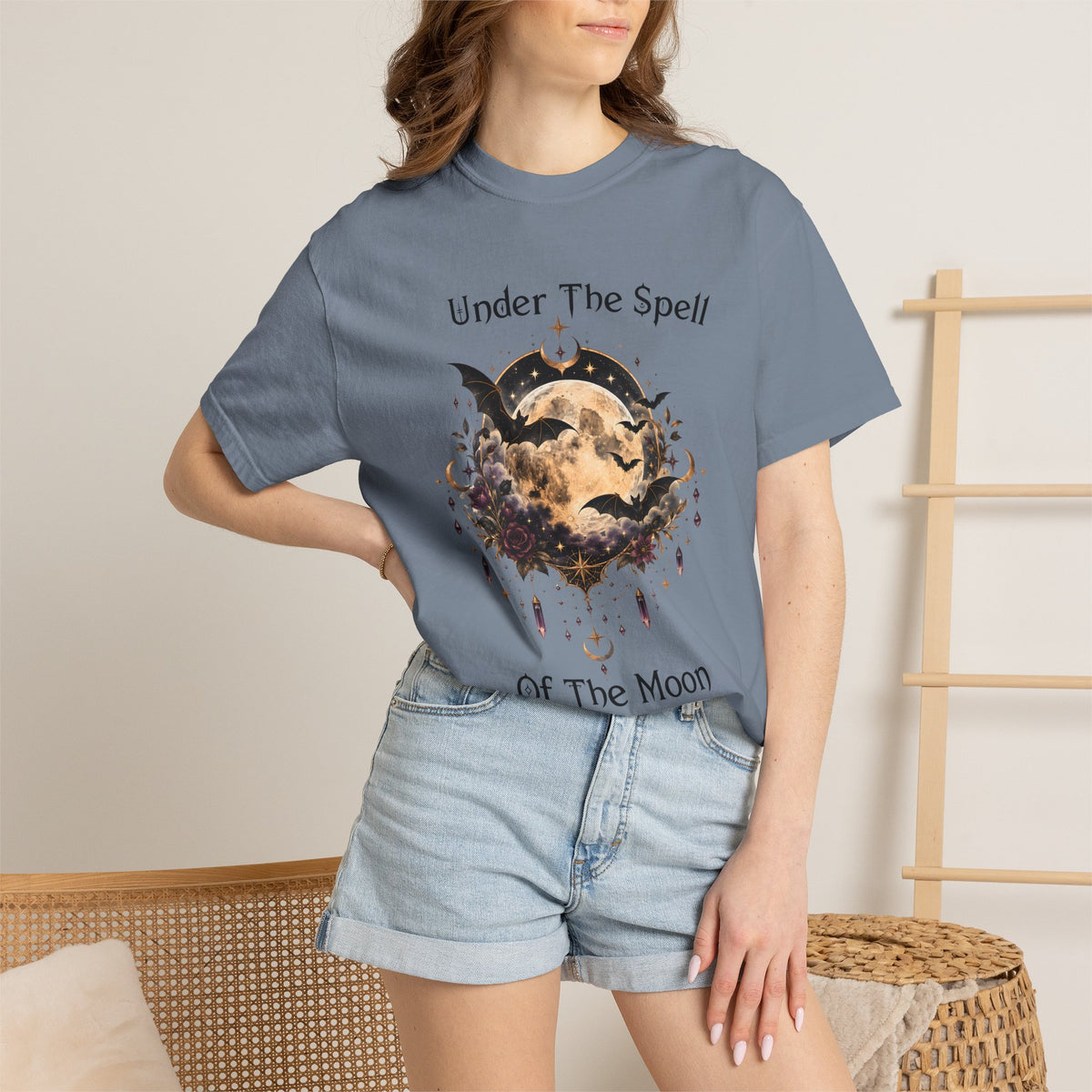 Moonlit Enchantment T-Shirt | Gothic Celestial Moon & Bats Graphic Tee
