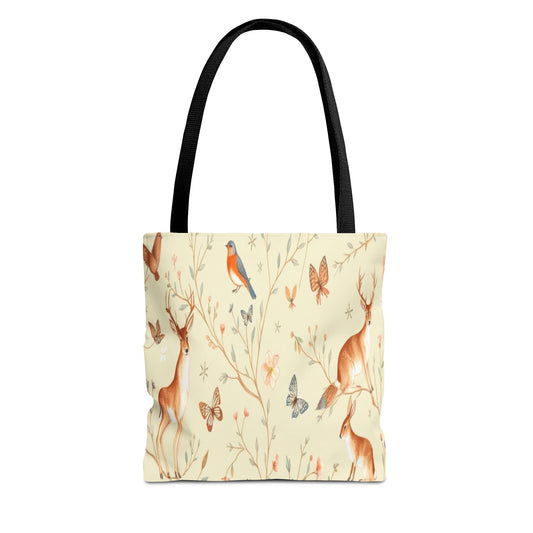 Floral Woodland Tote Bag - Deer & Birds Pattern