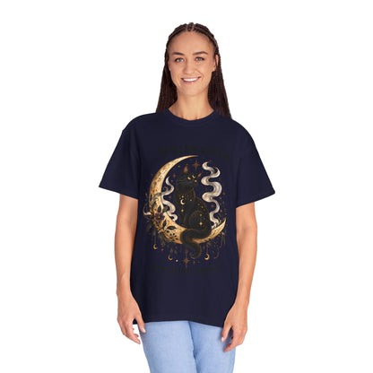 Mystical Black Cat Crescent Moon T-Shirt | Celestial Witchy Cat Tee